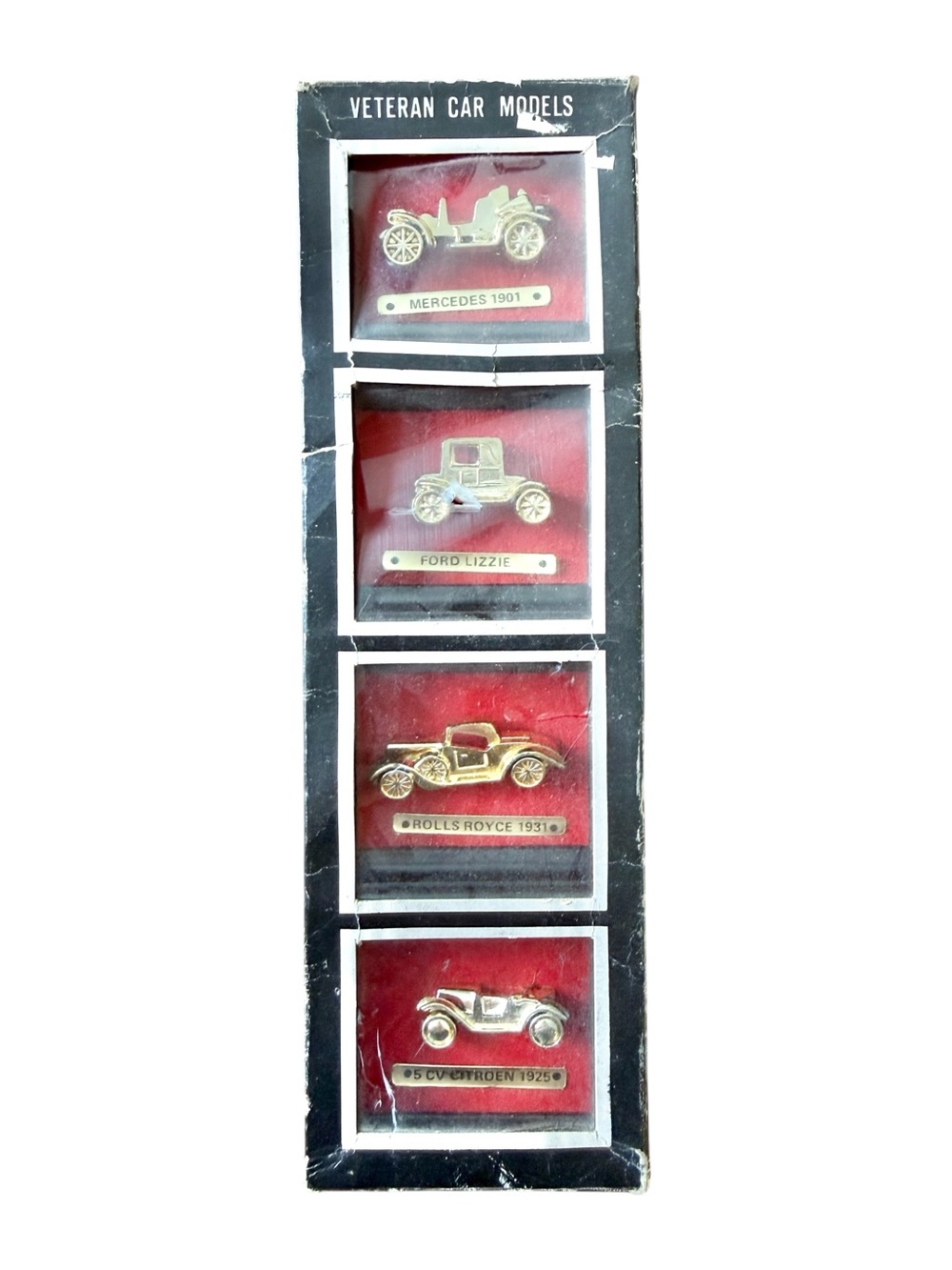 Vintage 80s Veteran Car Models Miniature Framed Display Set NOS Dollhouse Decor
